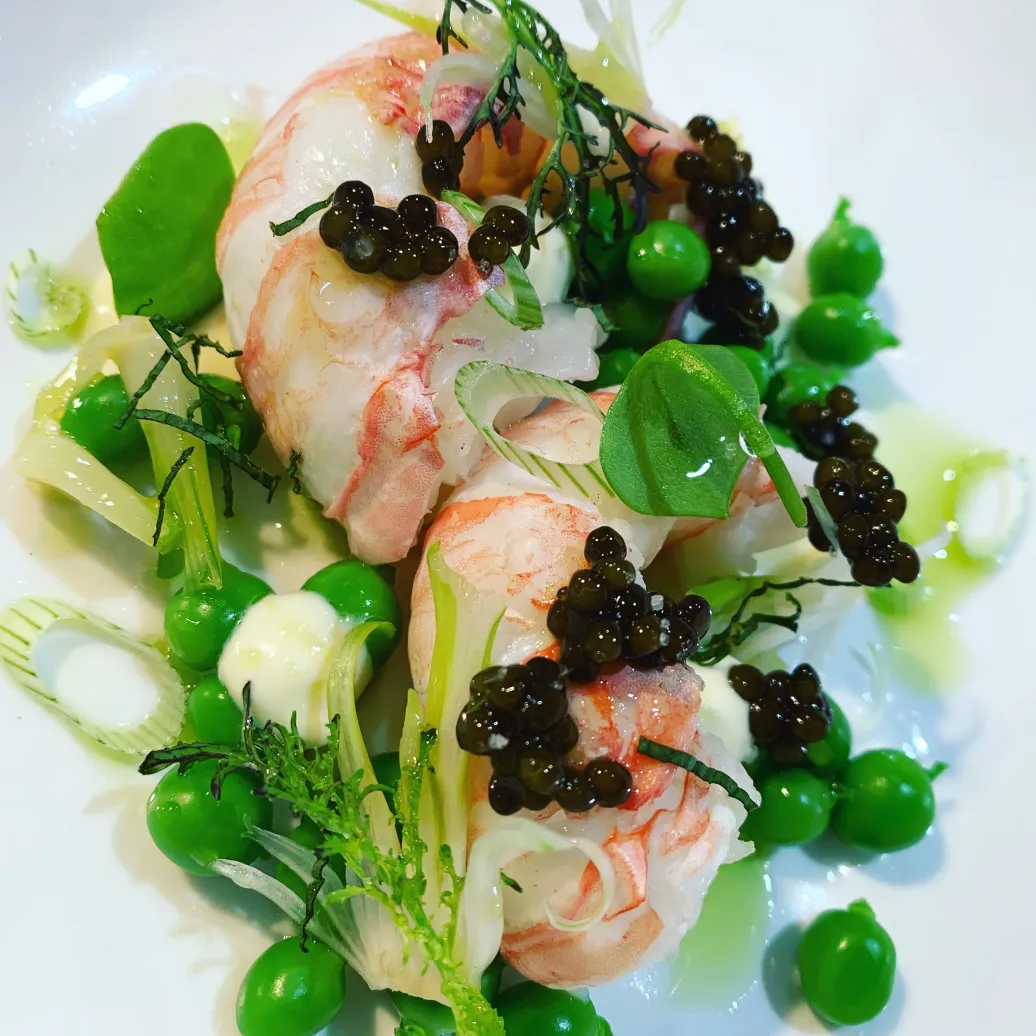 Assiette de langoustine poêlée, accompagnée de petits pois, de pousses vertes et de caviar noir, avec une sauce verte